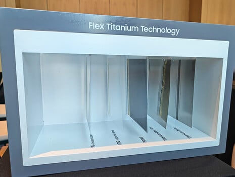 Все пять слоёв дисплея Fol8 Ultra: защитный слой, UTG, панель, плёнка из титанового сплава, титановая пластина