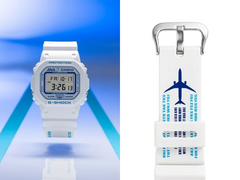 На фото - Часы Casio x ANA DW-5600, выпущенные в рамках коллаборации, и ремешок с деталями на авиационную тематику. (Источник изображения: @geesgshock on Instagram - отредактировано)