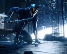 Персонаж Ghostrunner держит меч в небоскребе