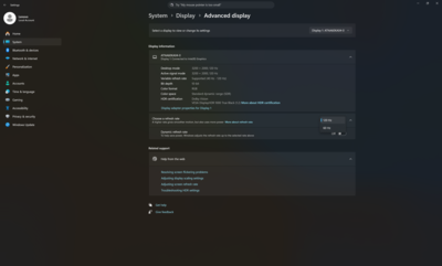 Дополнительные настройки дисплея Windows с параметрами частоты обновления