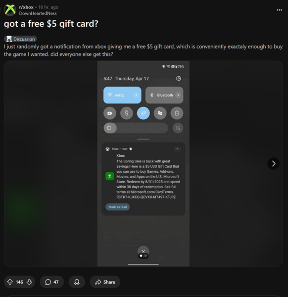 Сообщение Xbox Reddit о бесплатных кодах подарочных карт (Источник изображения: скриншот, Xbox subreddit)