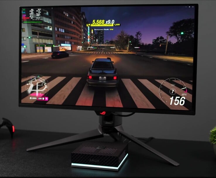 Мини-ПК AMD Ryzen AI Max+ 395 с операционной системой SteamOS, на котором запущен игровой процесс на внешнем игровом мониторе