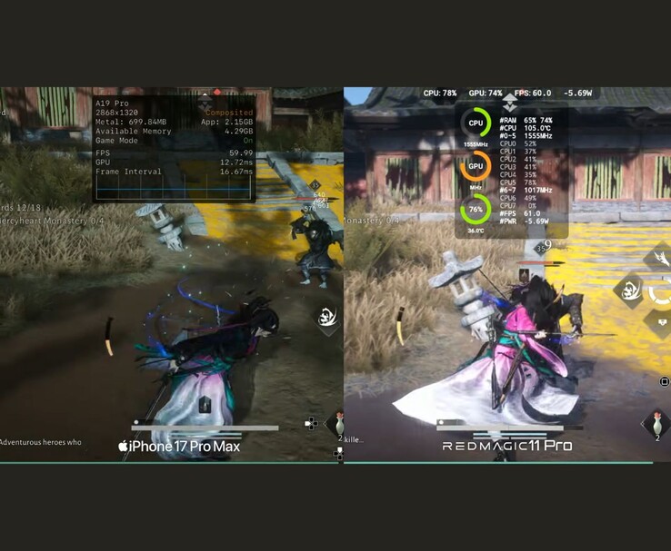 Где встречаются ветра Сравнение производительности iPhone 17 Pro Max и RedMagic 11 Pro с экранными показателями (Источник изображения: Dame Tech via YouTube)