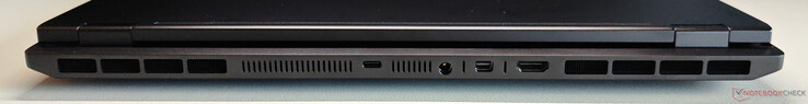 Задняя часть: USB-C 4.0 с Thunderbolt 4 (40 Гбит/с, DisplayPort 2.1 через iGPU, 140 Вт Power Delivery), разъем питания, Mini DisplayPort 2.1 (через dGPU, DP40/UHBR10, VRR/G-Sync), HDMI 2.1 (через dGPU, 48 Гбит/с, HDCP 2.3, VRR/G-Sync)