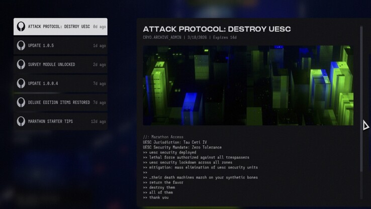 Панель новостей марафона показывает обновление 1.0.5 и связанную с ним информацию о новом контенте.
