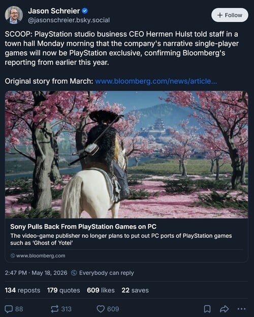 Джейсон Шрайер Bluesky написал пост об эксклюзивах для PS5