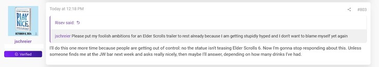 Джейсон Шрайер комментирует The Elder Scrolls 6 на церемонии The Game Awards (Источник изображения: скриншот, форумы ResetEra)