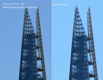 iPhone 17 Pro - 24-кратный зум без потерь с объективом 300-600 мм (слева) против 24-кратного цифрового зума (справа).