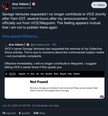Ана Валенс объявила об уходе из Vice (Источник изображения: скриншот, аккаунт Ana Valens Bluesky)