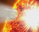 Художественная иллюстрация, изображающая звезду, поглощающую планету.