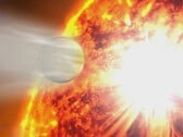 Художественная иллюстрация, изображающая звезду, поглощающую планету.