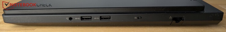 Справа: 3,5 мм разъем для гарнитуры, 2× USB-A (5 Гбит/с), затвор веб-камеры, LAN