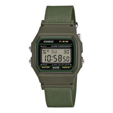 Casio F-91WF-3A с оливково-зеленым тканевым ремешком.