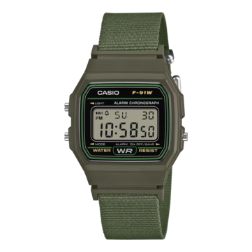 Цифровые часы Casio F-91WF-3A с чёрным корпусом с зелёными акцентами и ремешком из зелёной тканью.