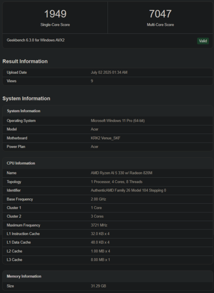 Листинг Ryzen AI 5 330 Geekbench (источник изображения: Geekbench)