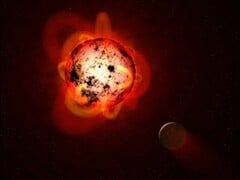 Иллюстрация, показывающая красный карлик и планету.