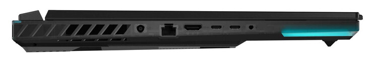 Левая сторона: разъем питания, гигабитный Ethernet (2.5 Гбит), HDMI, Thunderbolt 4 (USB-C; DisplayPort, G-Sync), USB 3.2 Gen 2 (USB-C; Power Delivery, DisplayPort), аудио разъем