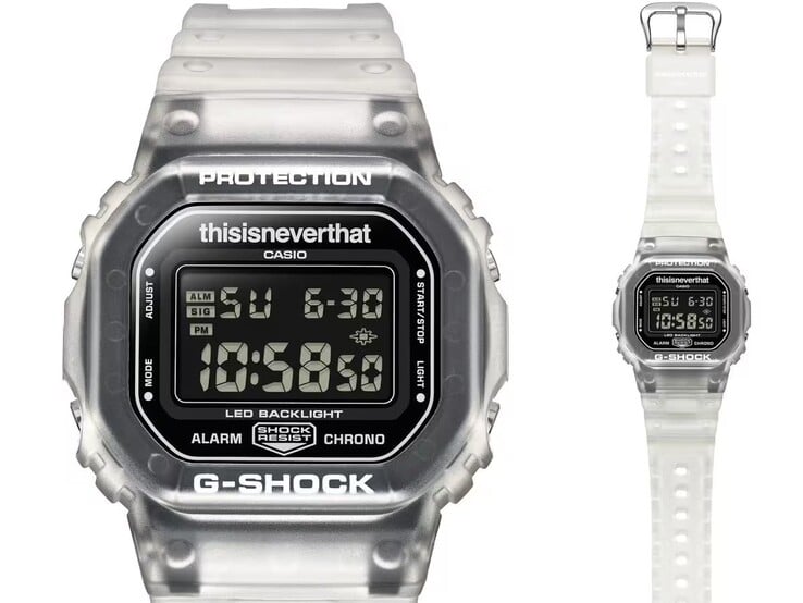Вид спереди на часы Casio G-Shock DW-5600TNT-7 с перевернутым ЖК-дисплеем и полупрозрачным безелем.