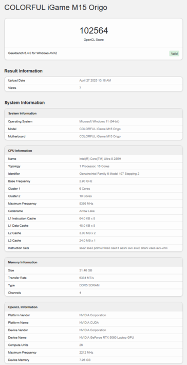 RTX 5060 ноутбук Geekbench Оценка OpenCL (источник изображения: Geekbench)