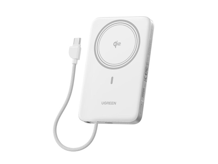 Ультратонкий магнитный пауэрбанк Ugreen MagFlow Air Qi2 в белом цвете