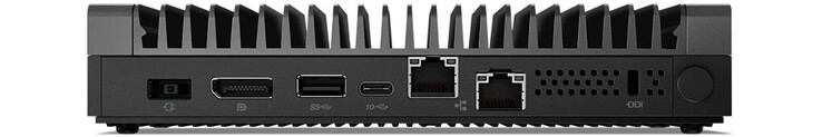 Сзади: Коннектор питания, DisplayPort, USB A 3.1 Gen 2, USB C 3.1 Gen 2 (+ DisplayPort и PowerDelivery), 2x Ethernet, щель для замка Kensington