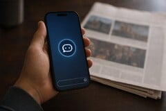 Рука держит смартфон с иконкой чат-бота, рядом лежит печатная газета.