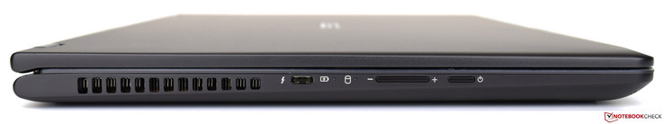 Левая сторона: вентиляция, порт USB 3.1 Type-C Gen 2, индикаторы состояния, качелька регулировки громкости, кнопка включения