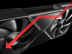 Графический процессор Nvidia RTX 5090 со стрелкой вниз, указывающей на падение производительности.
