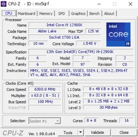 Intel Core i9-12900K (Изображение: CPU-Z Validator)
