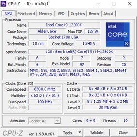Intel Core i9-12900K (Изображение: CPU-Z Validator)