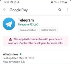 Вот такое сообщение появляется в Google Play при попытке загрузить Telegram со смартфонов серии Galaxy A (Изображение: androidinsider.ru)