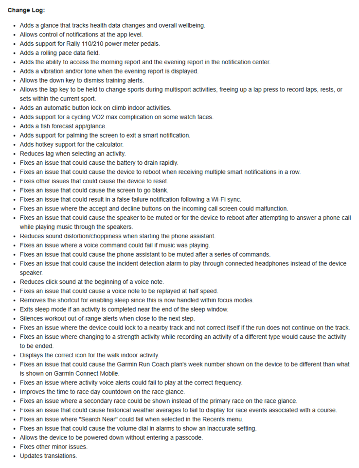 Журнал изменений для версии программного обеспечения 15.16 для смарт-часов Garmin Forerunner 970. (Источник изображения: Garmin)