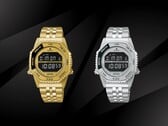 Модели Seiko Rotocall HFL003P из золота и HFL002P из нержавеющей стали, представленные рядом на чёрном фоне, каждая из которых оснащена ЖК-дисплеем с негативным изображением, вращающимся функциональным безелем и встроенным браслетом из нержавеющей стали.