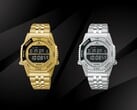 Модели Seiko Rotocall HFL003P из золота и HFL002P из нержавеющей стали, представленные рядом на чёрном фоне, каждая из которых оснащена ЖК-дисплеем с негативным изображением, вращающимся функциональным безелем и встроенным браслетом из нержавеющей стали.