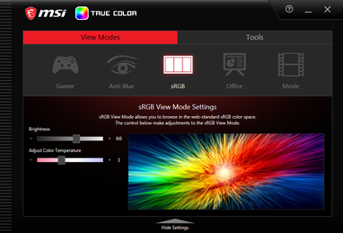 MSI True Color. Профиль sRGB недоработан, заводская калибровка плохая либо отсутствует