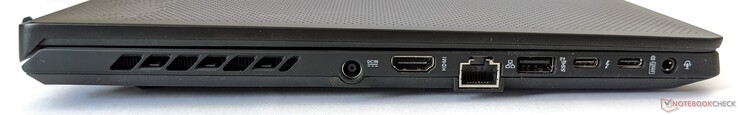 Левая сторона: разъем питания, HDMI 2.0b, гигабитный Ethernet, USB Type-A 3.2 Gen 2, Thunderbolt 4, USB Type-C 3.2 Gen 2 (DP 1.4, PD 3.0), аудио разъем