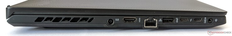 Левая сторона: разъем питания, HDMI 2.0b, гигабитный Ethernet, USB Type-A 3.2 Gen 2, Thunderbolt 4, USB Type-C 3.2 Gen 2 (DP 1.4, PD 3.0), аудио разъем