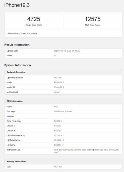 Процессор Apple A20 Pro в тесте Geekbench 6.7