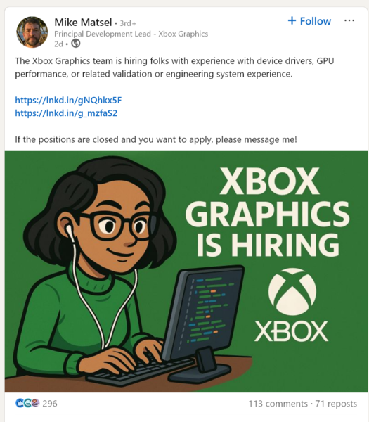 Объявление Майка Матсела в LinkedIn о вакансии на должность Xbox Graphics (Источник изображения: аккаунт Майка Матсела в LinkedIn)