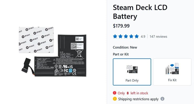 Информация об аккумуляторе ЖК-дисплея Steam Deck, опубликованная на сайте iFixit. 