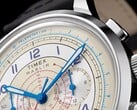 Крупный план кремового циферблата хронографа Timex Marlin Neo Classic с синими стрелками и арабскими цифрами, красными отметками тахиметра и синей телеметрической шкалой по внешнему краю.