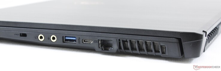 Правая сторона: слот замка Kensington, выход на наушники, микрофонный вход, USB 3.2 Gen. 1 Type-A, USB 3.2 Gen. 2 Type-C, RJ-45