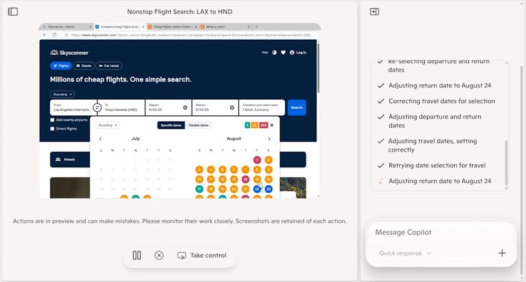 ИИ, работающий в режиме Copilot Mode для Edge, все еще нуждается в доработке, поскольку во время краткого тестирования он не смог выбрать диапазон дат при поиске доступных рейсов. (Источник изображения: Notebookcheck)