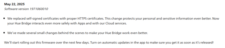 Примечания к выпуску версии программного обеспечения Philips Hue Bridge 1971060010. (Источник изображения: Philips)