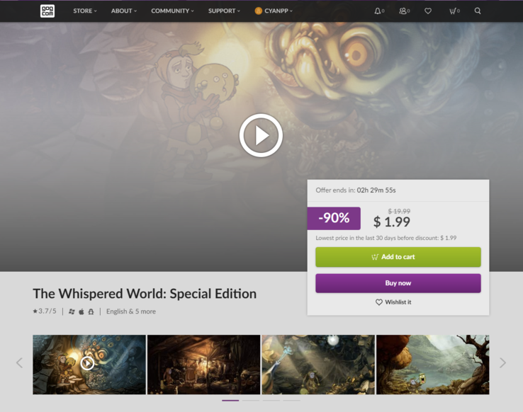 The Whispered World: Специальное издание" сейчас стоит со скидкой $1,99, но, если верить утечке, она станет бесплатной в 3 часа по центральноевропейскому времени 12 декабря. (Источник изображения: GOG)