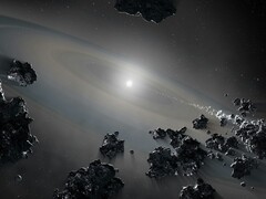 Иллюстрация с изображением многочисленных астероидов.