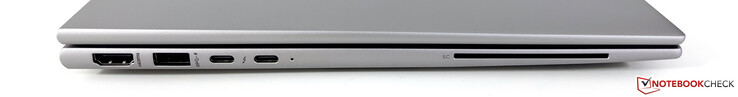 Слева: HDMI 2.1, USB-A 3.2 Gen.1 (5 Гбит/с, питание), 2x USB-C 4.0 с Thunderbolt 4 (40 Гбит/с, режим DisplayPort-ALT 1.4, Power Delivery 3.0), устройство чтения смарт-карт