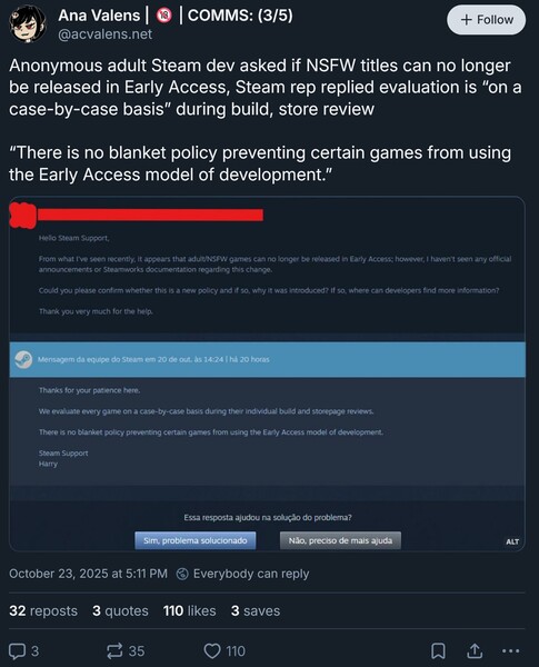 Ответ Steam на запрос о раннем доступе к играм для взрослых (скриншот, аккаунт Ana Valens Bluesky)
