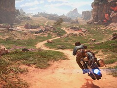Изображение, показывающее Кей Весс на ее спидере в игре Star Wars Outlaws.