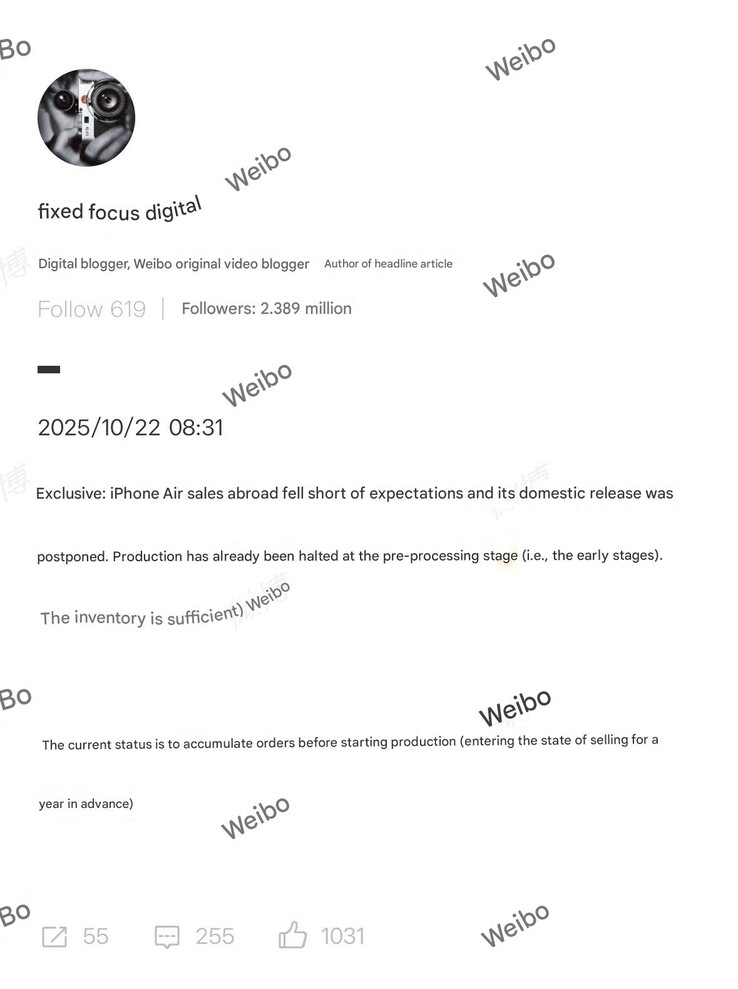 Спрос на IPhone Air не оправдал ожиданий за пределами Китая. (Источник изображения: Weibo)